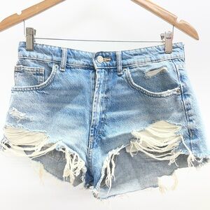 Zara Light Blue Distressed Denim Jean Shorts